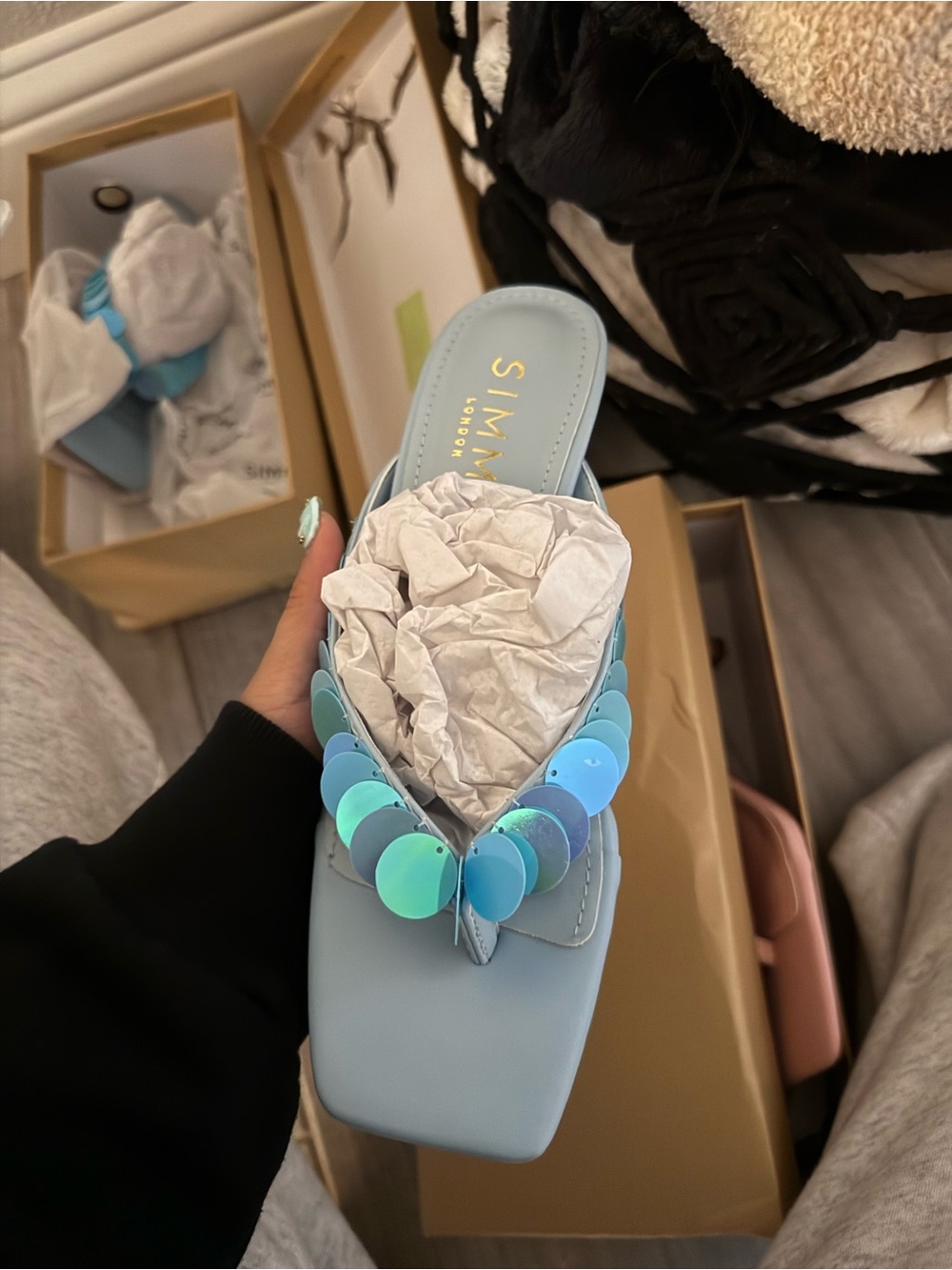 Light Blue Sequin Toe-Post kitten heel